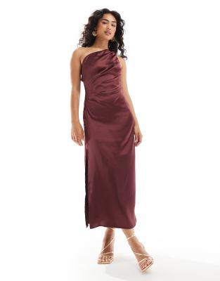 Amelia one shoulder satin midi dress in plum-Red