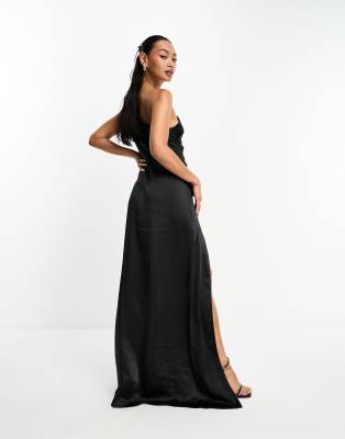 Pretty Lavish Amelia ruched one shoulder satin maxi dress in black