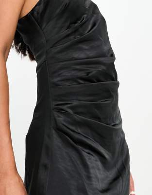 Pretty Lavish Amelia ruched one shoulder satin maxi dress in black