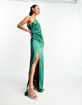 Pretty Lavish Amelia Ruched One Shoulder Satin Maxi Dress In Emerald Green