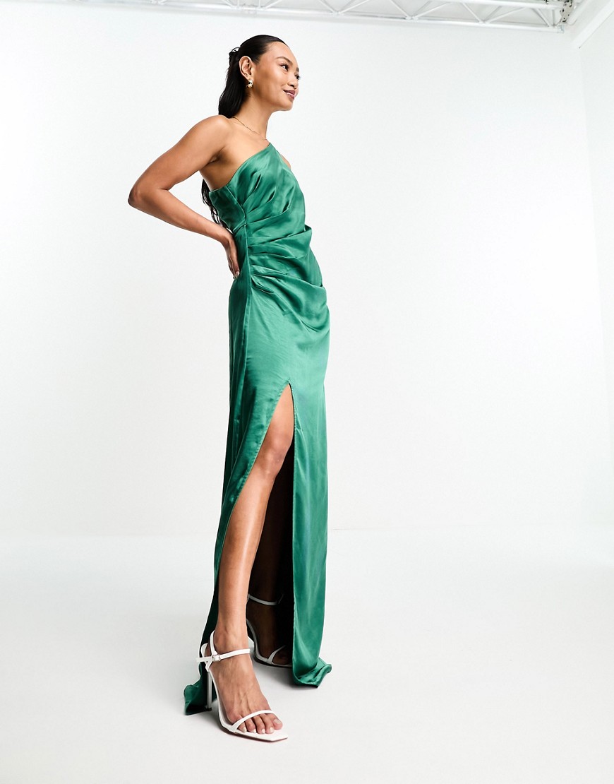 Amelia ruched one shoulder satin maxi dress in emerald green