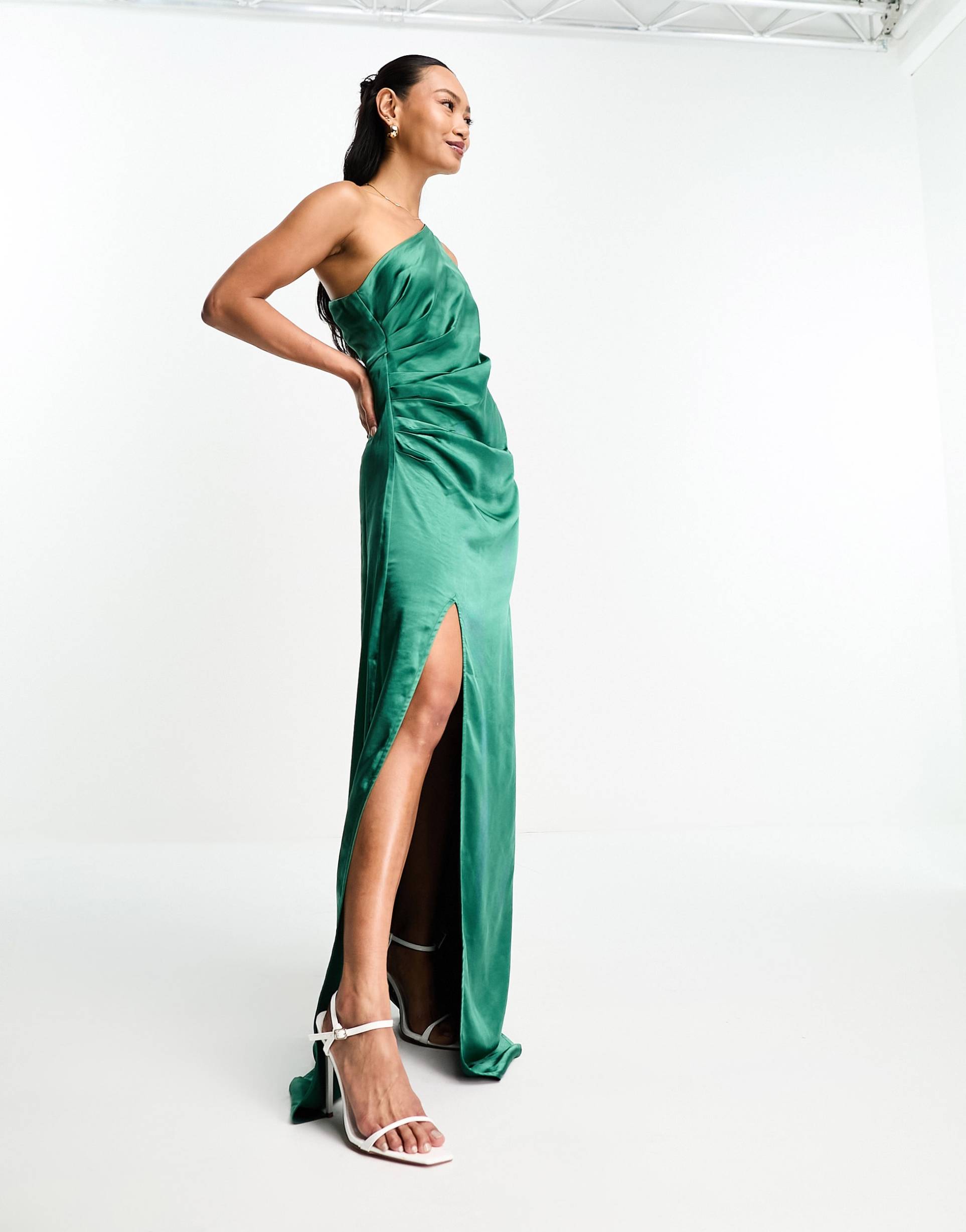 pretty lavish amelia ruched one shoulder satin maxi dress in emerald green