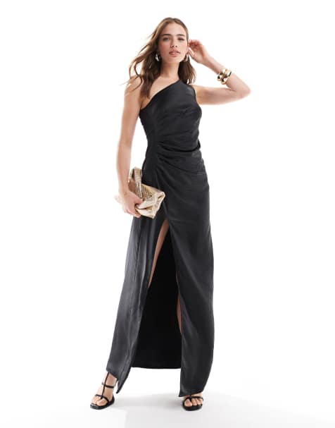 Pretty Lavish - Amelia - Vestito lungo in raso monospalla nero - view 1