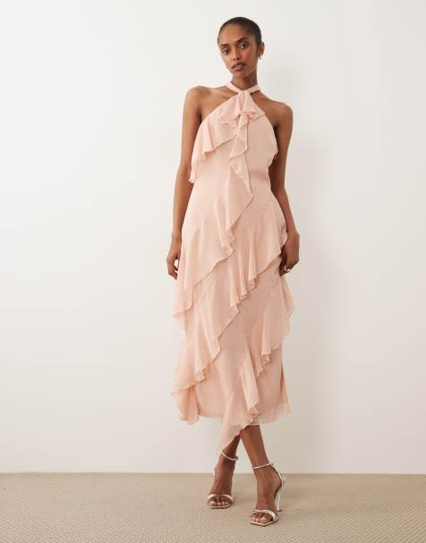 Pretty Lavish Aria chiffon halter neck ruffle midi dress in pink - view 1