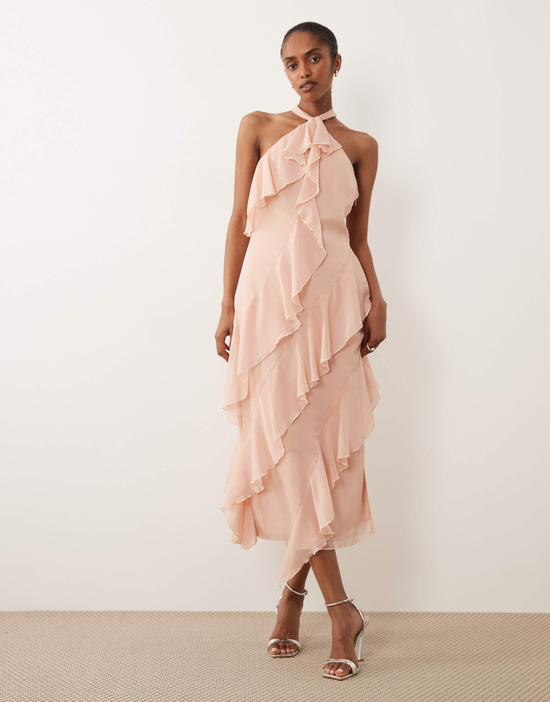 pretty lavish aria chiffon halter neck ruffle midi dress in pink