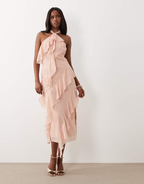 Pretty Lavish – Aria – Chiffon-Midikleid in Rosa mit Neckholder-Träger und Rüschen - view 1