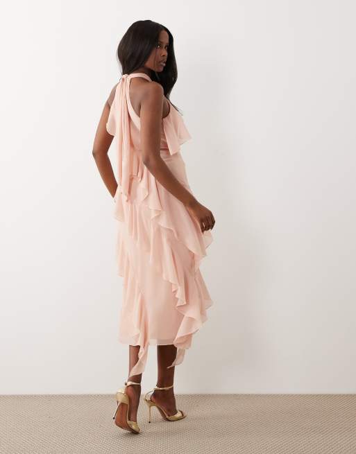 Pretty Lavish – Aria – Chiffon-Midikleid in Rosa mit Neckholder-Träger und Rüschen, 3 von 4