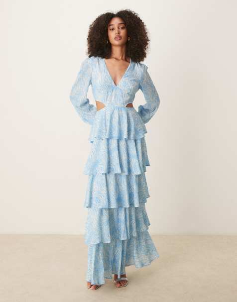 Pretty Lavish Ashton cut-out ruffle maxi dress in blue swirl print - view 1