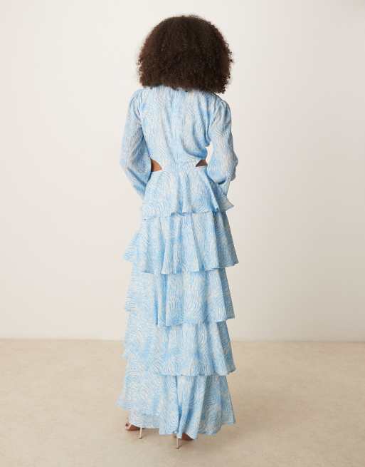 Pretty Lavish Ashton cut-out ruffle maxi dress in blue swirl print, 3 of 4