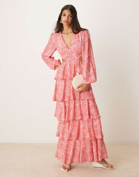 Pretty Lavish Ashton cut-out ruffle maxi dress in coral abstract print - view 1