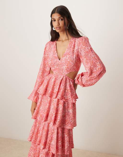 Pretty Lavish Ashton cut-out ruffle maxi dress in coral abstract print, 2 of 4