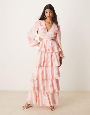 Pretty Lavish Ashton cut-out ruffle maxi dress in pink marble print - view 1