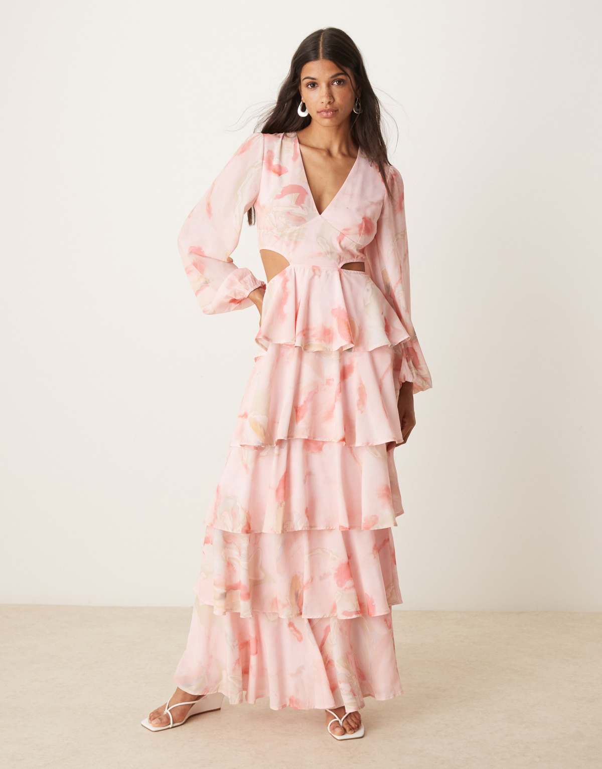 Pretty Lavish Ashton cut-out ruffle maxi dress in pink marble print