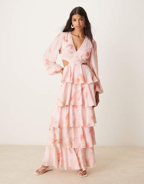 Pretty Lavish Ashton cut-out ruffle maxi dress in pink marble print