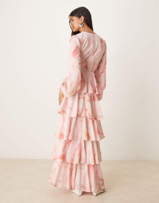 Pretty Lavish Ashton cut-out ruffle maxi dress in pink marble print, 3 of 4