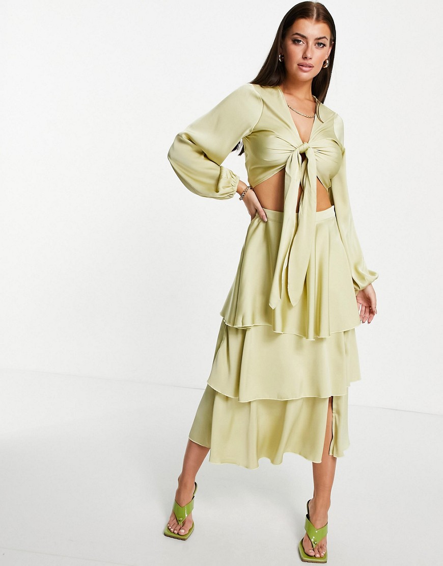 Pretty Lavish Ashton tiered coordinating midi skirt with slit in pistachio-Green