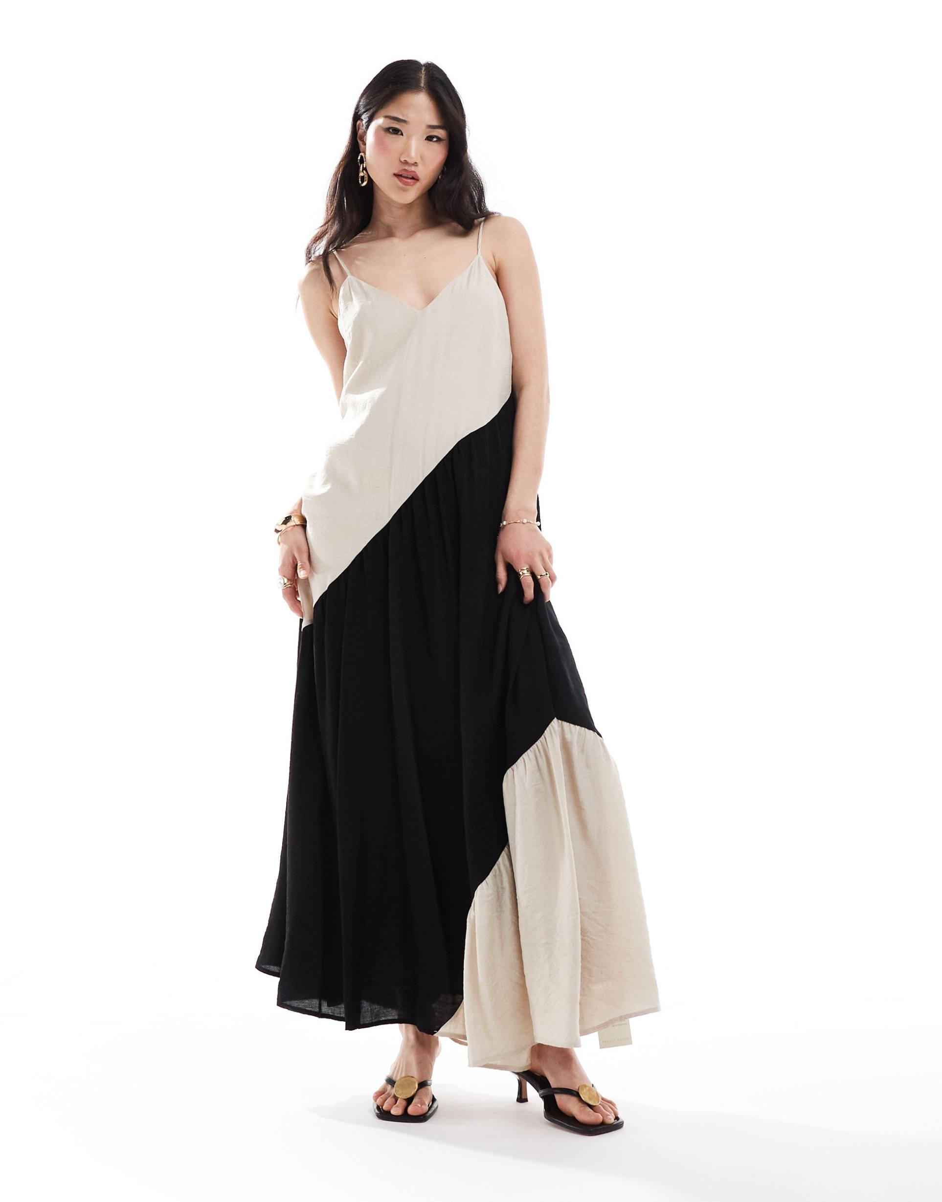 pretty lavish asymmetric block stripe midaxi dress in stone