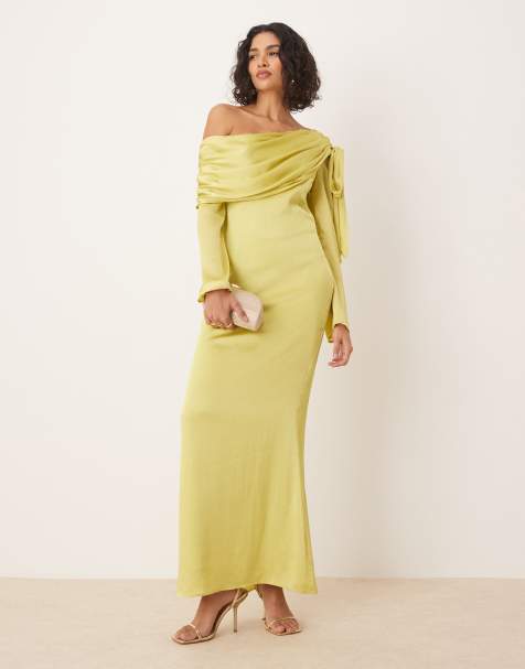 Pretty Lavish asymmetric bow chiffon maxi dress in chartreuse