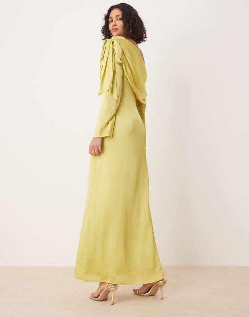 Pretty Lavish asymmetric bow chiffon maxi dress in chartreuse | ASOS
