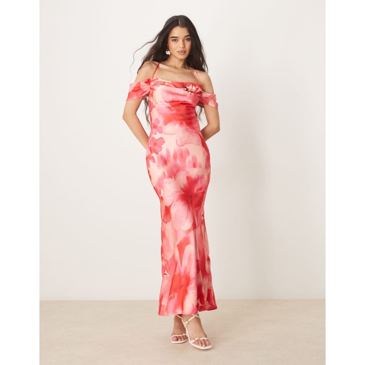 open lace back dress Eléa Red Cold Shoulder Draped Maxi Dress, Xs / Red main image 0