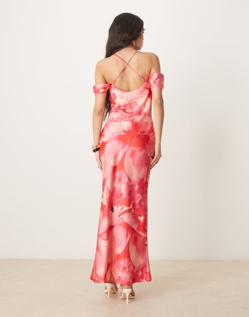 Pretty Lavish asymmetric cold shoulder slip maxi dress in pink and red floral, 4 of 4