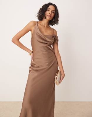 Pretty Lavish Asymmetric Cowl Satin Midaxi Slip Dress In Brown