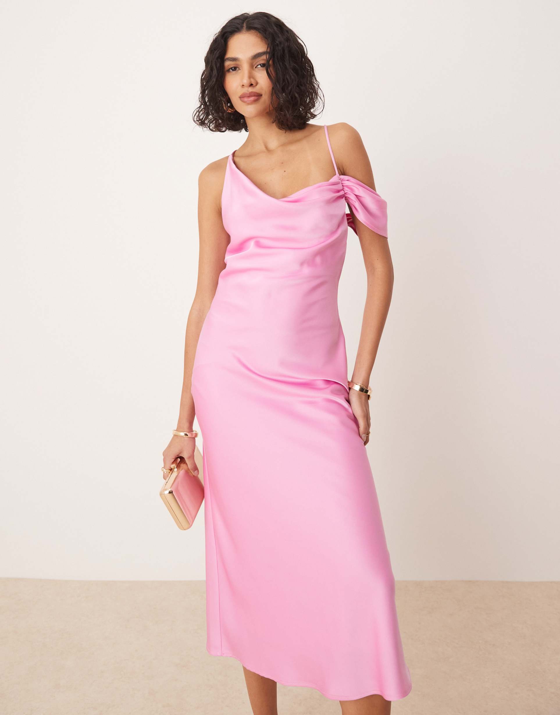 pretty lavish asymmetric cowl satin midaxi slip dress in pink