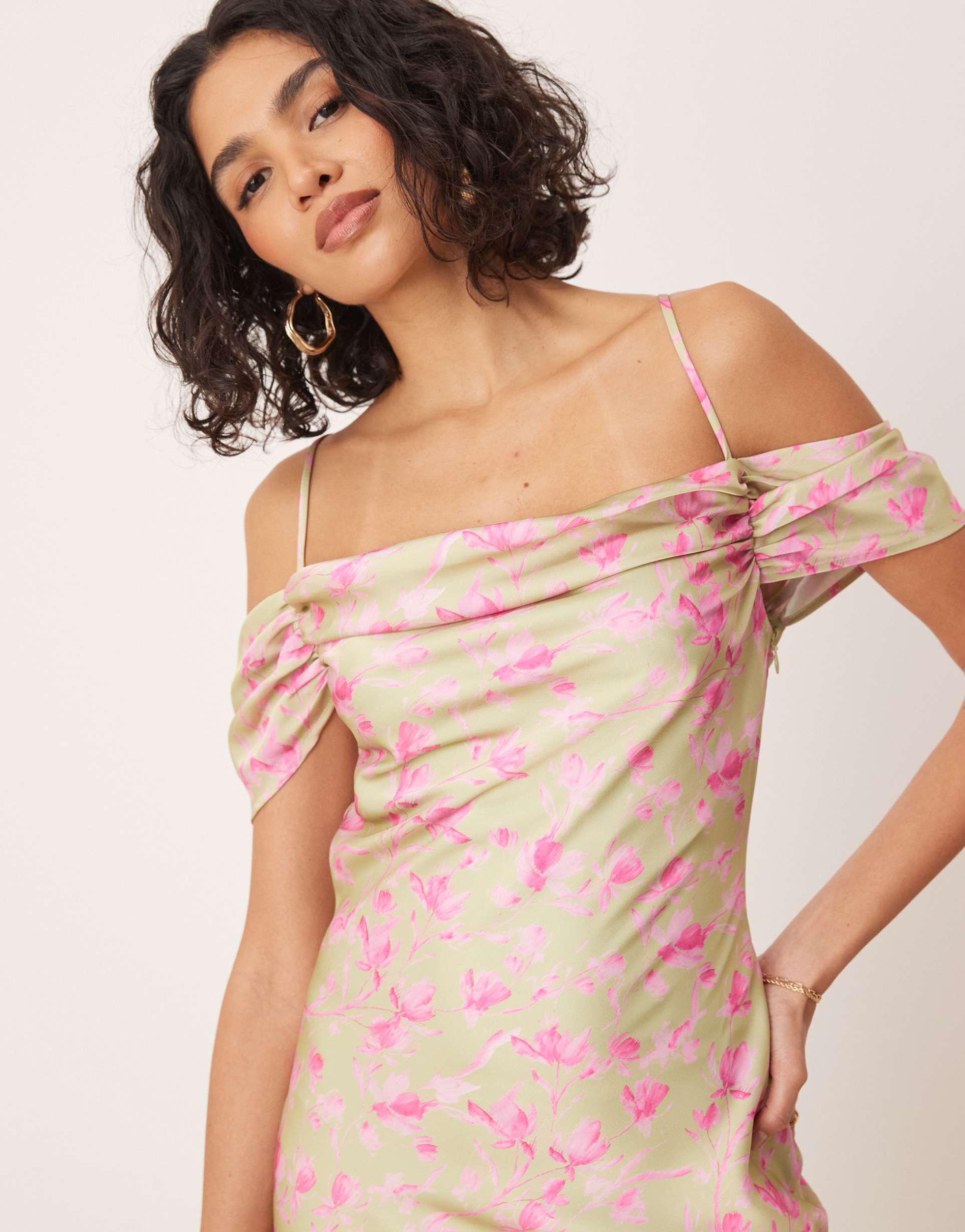 pretty lavish asymmetric cowl slip maxi dress in olive and fuchsia floral
