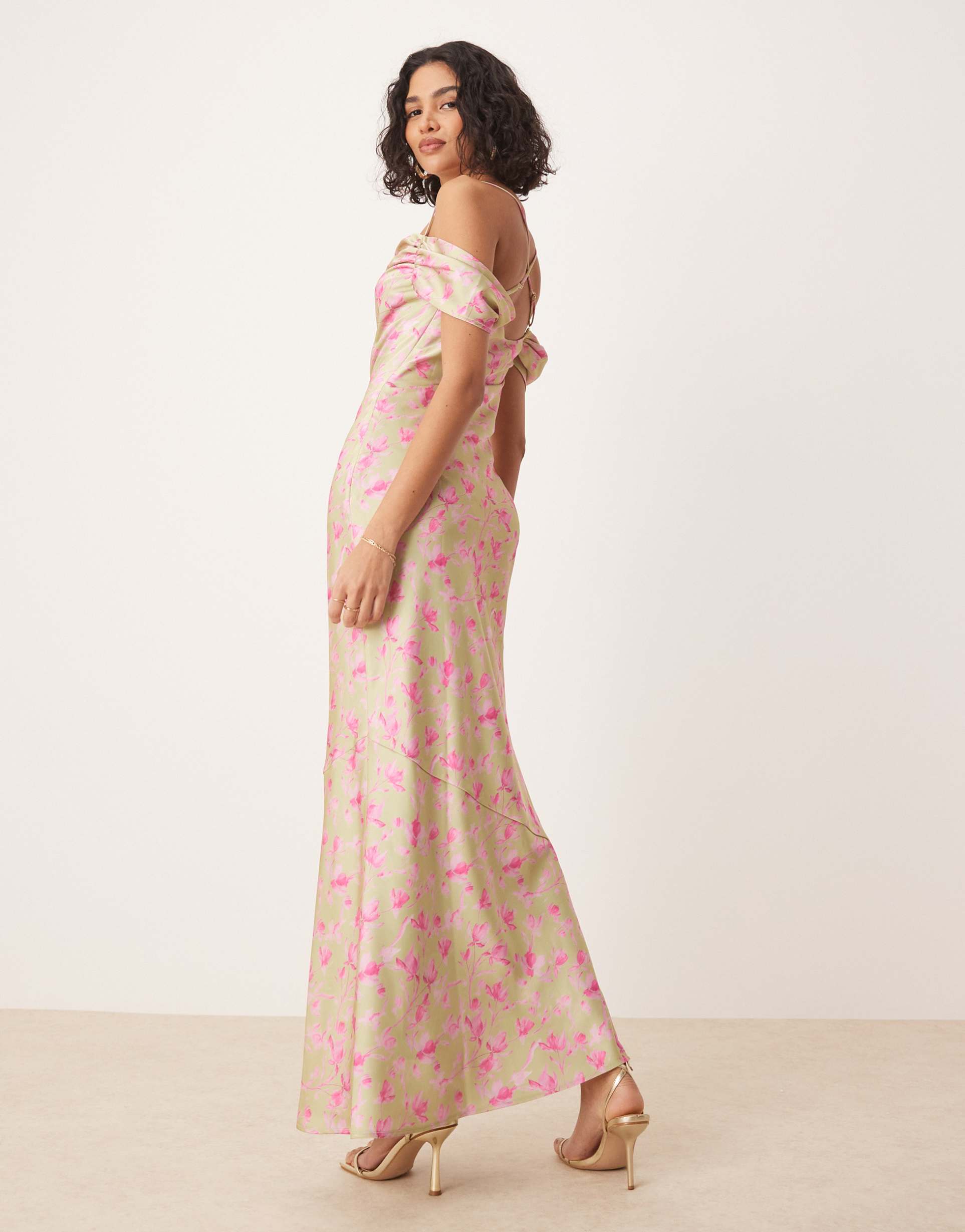 pretty lavish asymmetric cowl slip maxi dress in olive and fuchsia floral