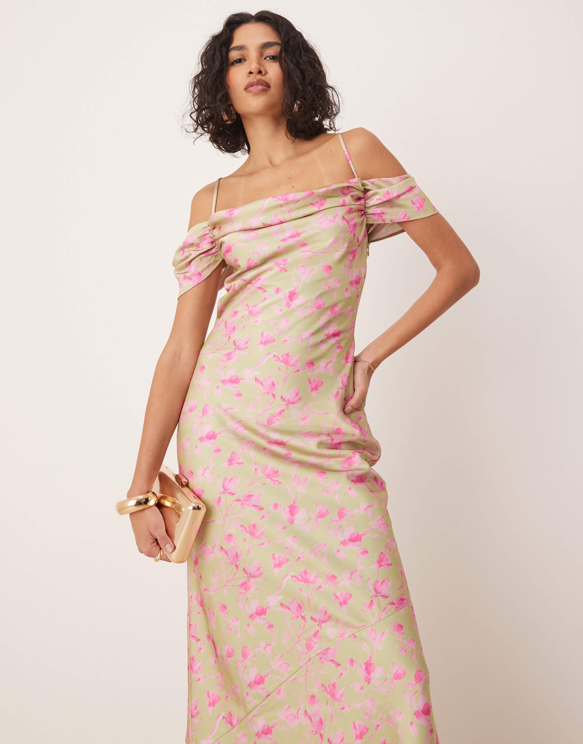 pretty lavish asymmetric cowl slip maxi dress in olive and fuchsia floral