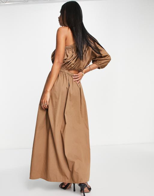 Pretty Lavish asymmetric cut out smock midaxi dress in brown, 2 of 4