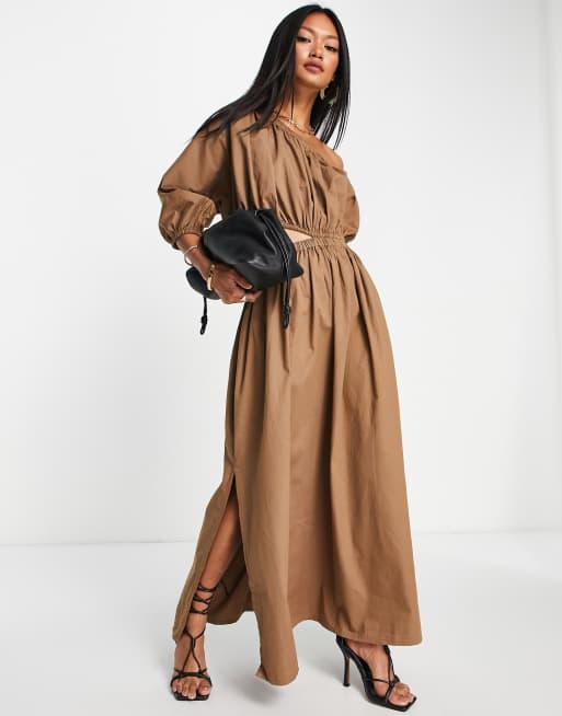 Pretty Lavish asymmetric cut out smock midaxi dress in brown, 4 of 4