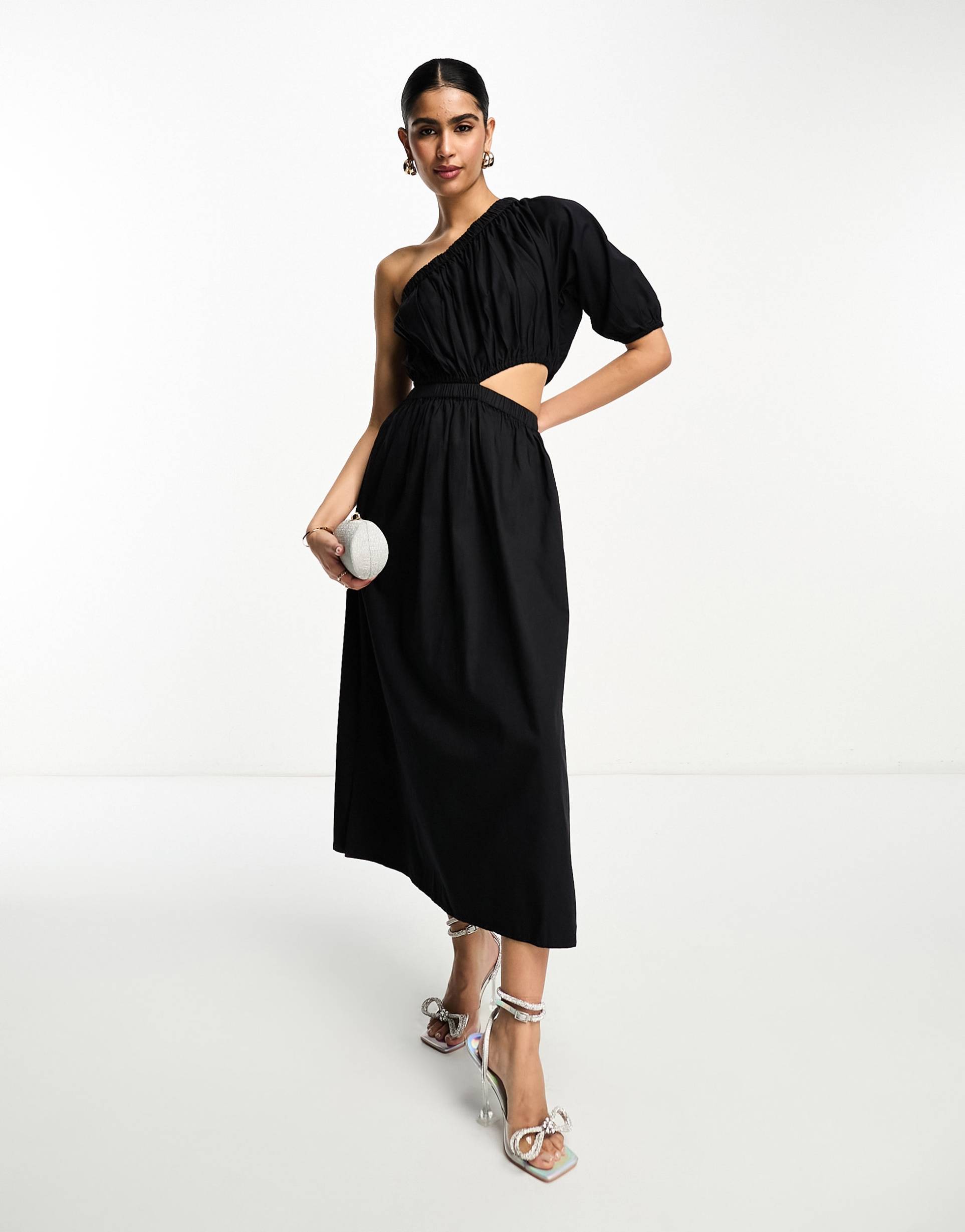 pretty lavish asymmetric cut-out smock midaxi dress in brown