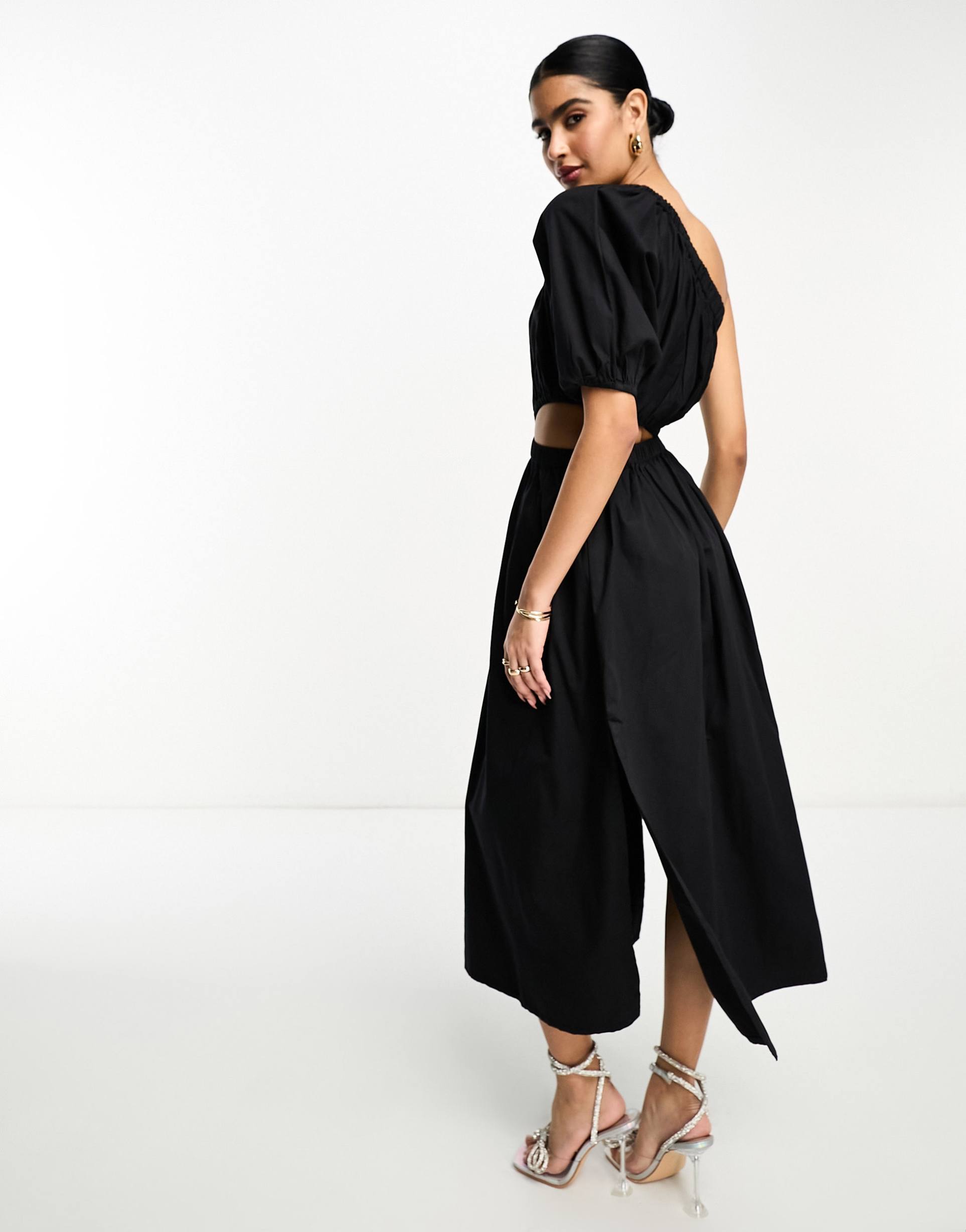 pretty lavish asymmetric cut-out smock midaxi dress in brown