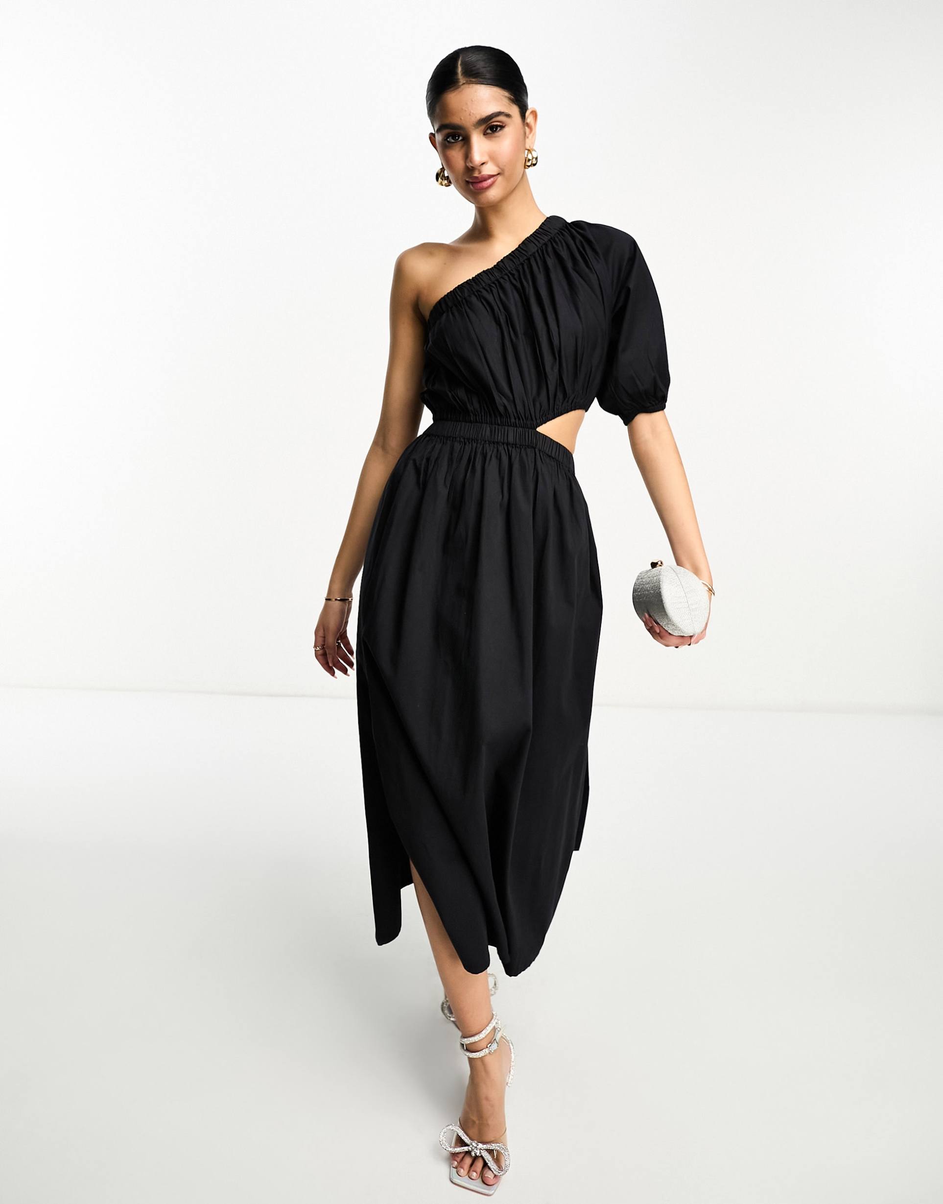 pretty lavish asymmetric cut-out smock midaxi dress in brown