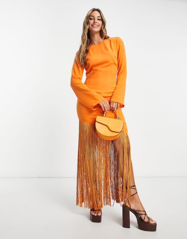 Pretty Lavish asymmetric fringe maxi dress in orange