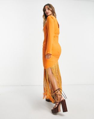 Pretty Lavish asymmetric fringe maxi dress in orange