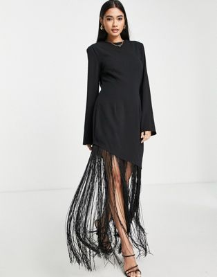 Pretty Lavish asymmetric fringed maxi dress in black