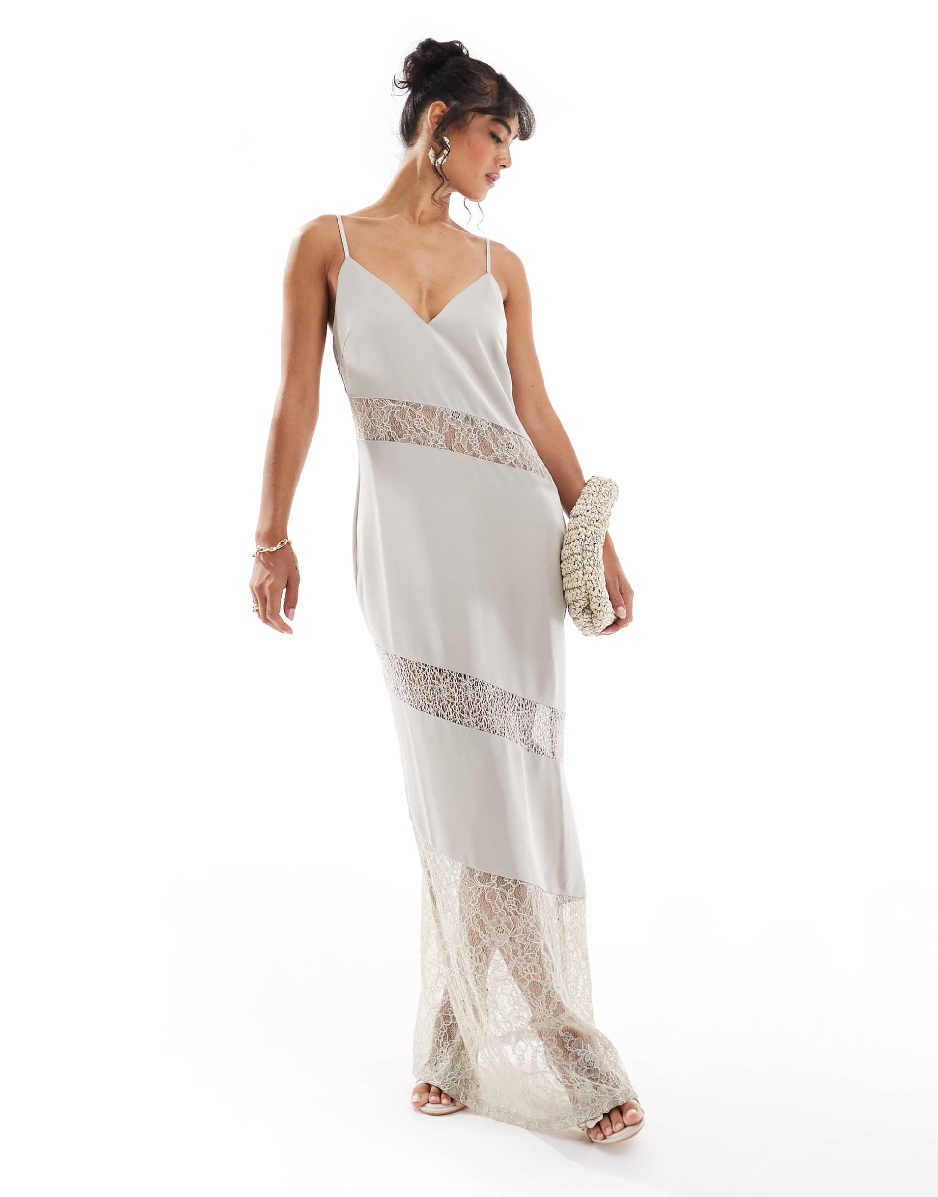 pretty lavish asymmetric lace satin maxi dress in stone