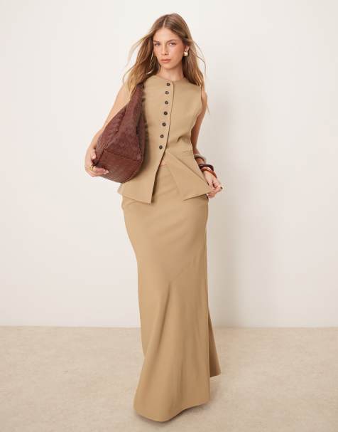 Pretty Lavish asymmetric maxi skirt co-ord in camel