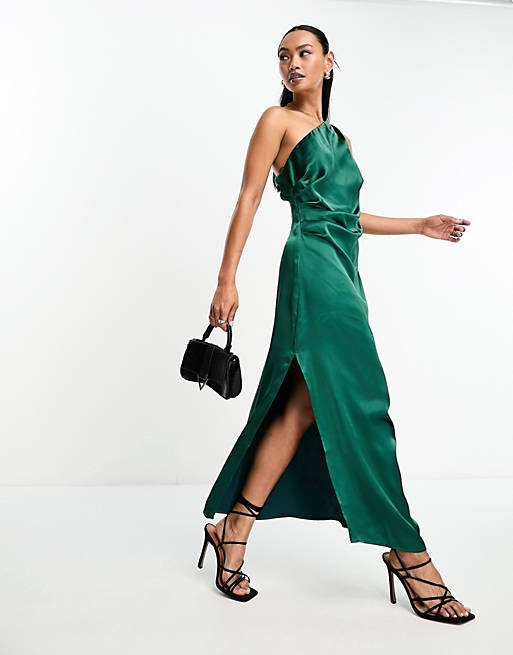 Pretty Lavish asymmetric ruched satin midaxi dress in emerald | ASOS