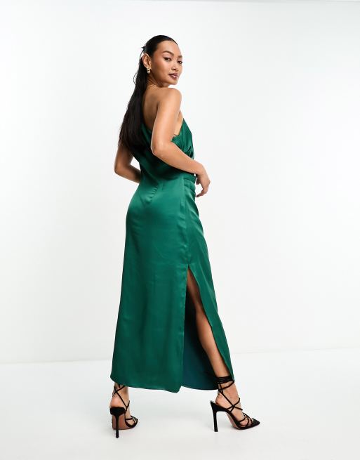 Pretty Lavish asymmetric ruched satin midaxi dress in emerald