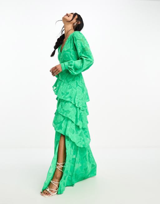 Pretty Lavish asymmetric ruffle jacquard maxi dress in green | ASOS