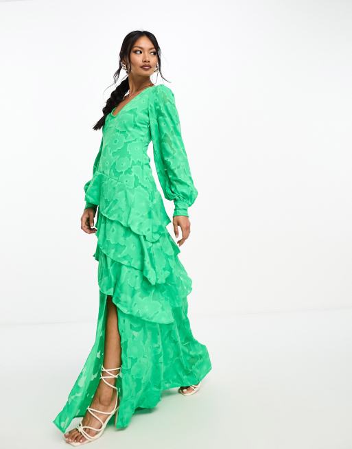 Pretty Lavish asymmetric ruffle jacquard maxi dress in green