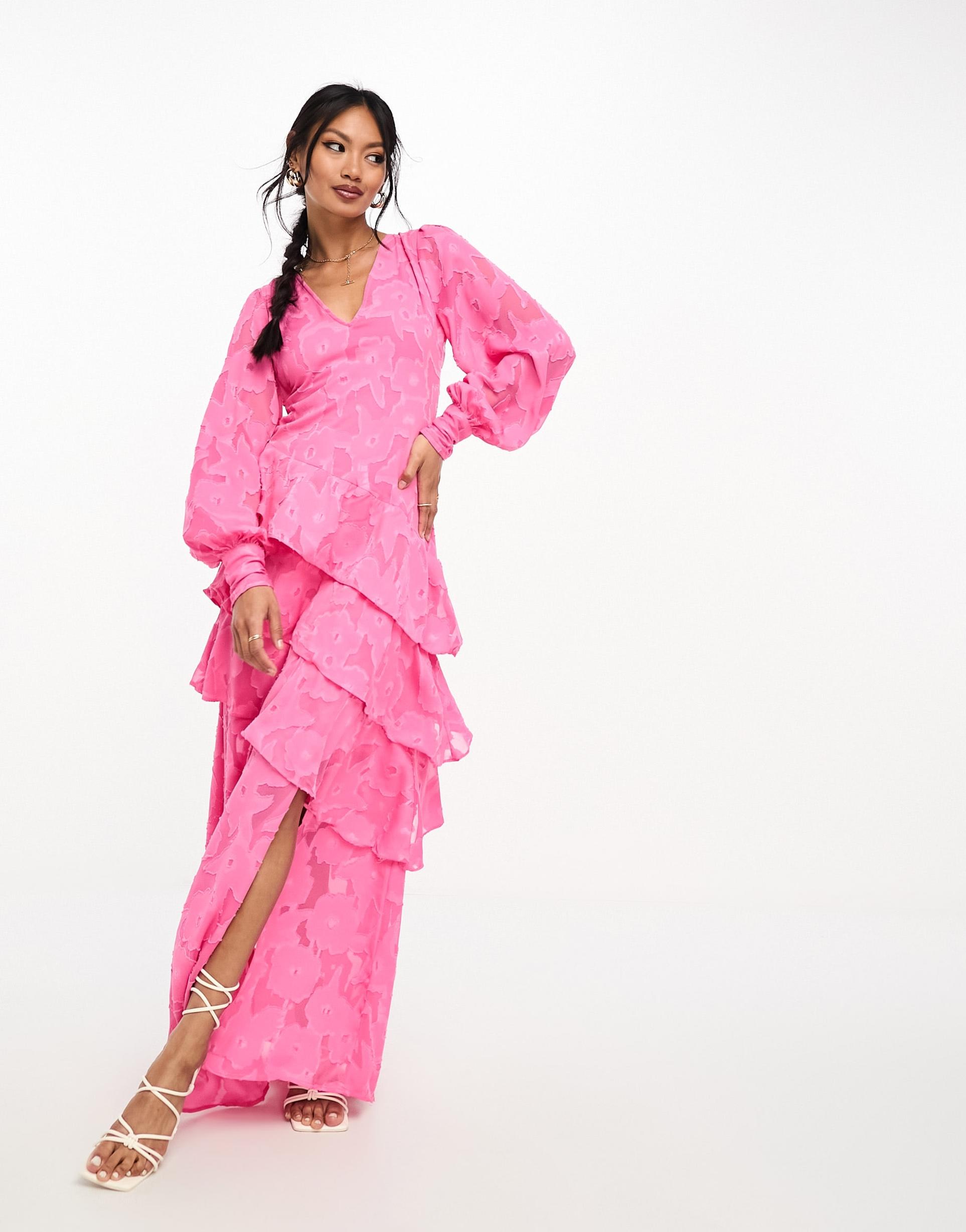 pretty lavish asymmetric ruffle jacquard maxi dress in pink