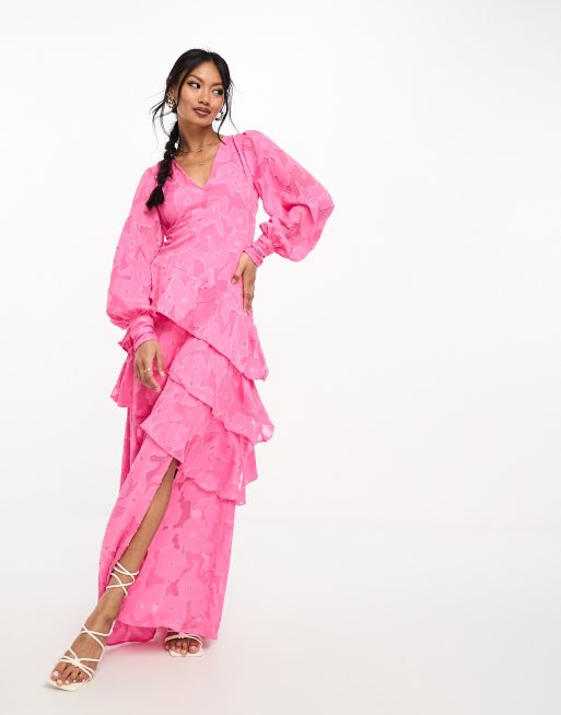 Pretty Lavish asymmetric ruffle jacquard maxi dress in pink