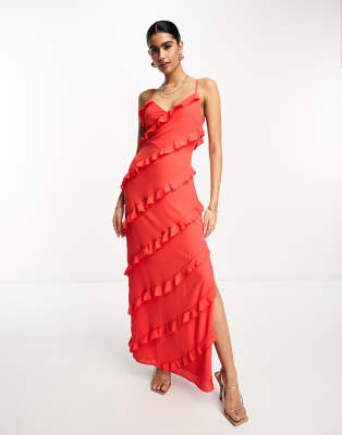 Pretty Lavish Asymmetric Ruffle Maxi Dress In Ruby Red