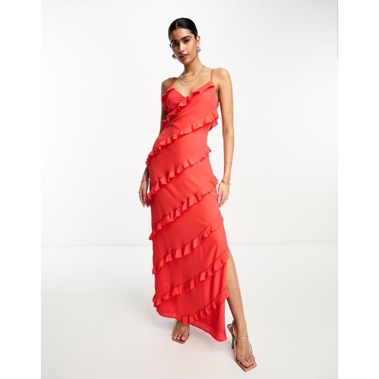 Red Asymmetric Strapless High Slit Dress With Ruffle Hem