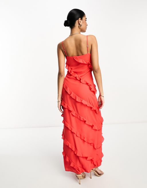 Pretty Lavish asymmetric ruffle maxi dress in ruby red