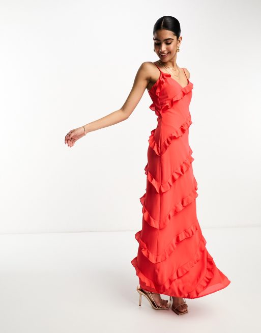 Pretty Lavish asymmetric ruffle maxi dress in ruby red